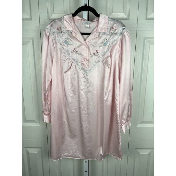 80s Pink Satin Lace Embroiderd Cotton Lined Night Sleep Shirt Large Jodie Arden - Picture 7 of 9